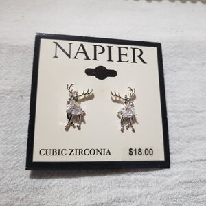 Beautiful NWT Napier Silvertone Reindeer Pierced Earrings with Cubic Zirconia